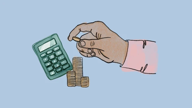 Illustration, miniräknare, hand som lägger mynt i högar.